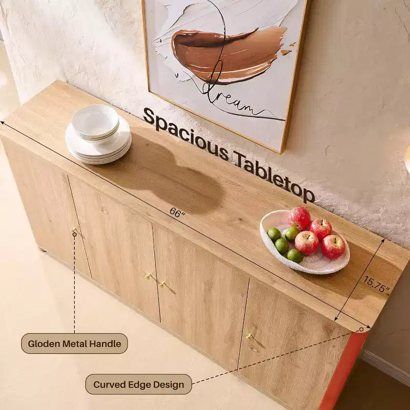 Kitchen Buffet Sideboard Cabinet with 4 Doors and Shelves, Modern Large Sideboard Buffet Storage Cabinet, 66 Coffee Bar Storage Cabinet