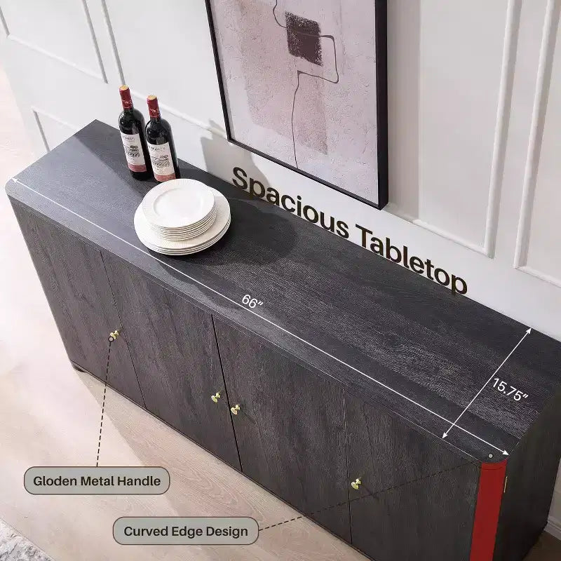 Kitchen Buffet Sideboard Cabinet with 4 Doors and Shelves, Modern Large Sideboard Buffet Storage Cabinet, 66 Coffee Bar Storage Cabinet