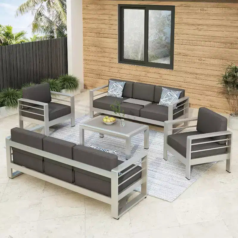 Christopher Knight Home Eleanor Outdoor Aluminum 8 Seater Chat Set with Cushions, Khaki/Silver