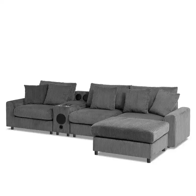 114''W Corduroy L-Shaped Sectional Sofa with Bluetooth Speakers, USB Charger, Cup Holders and Ottoman - ModernLuxe