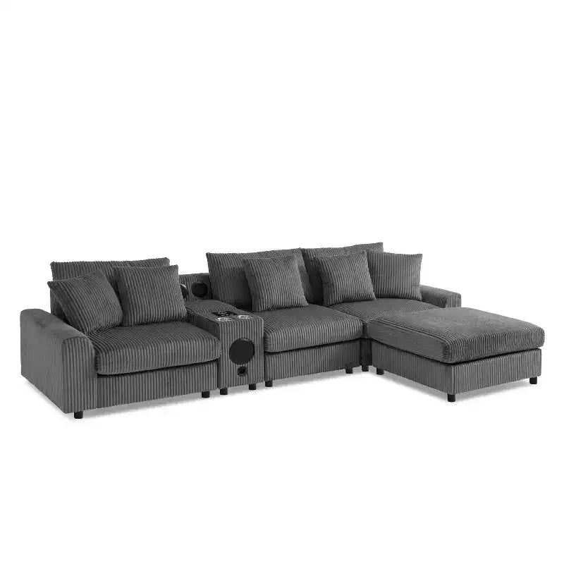 114''W Corduroy L-Shaped Sectional Sofa with Bluetooth Speakers, USB Charger, Cup Holders and Ottoman - ModernLuxe