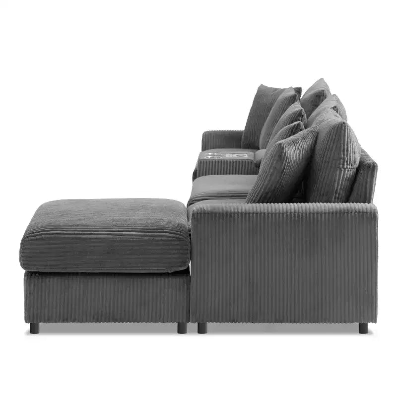 114''W Corduroy L-Shaped Sectional Sofa with Bluetooth Speakers, USB Charger, Cup Holders and Ottoman - ModernLuxe