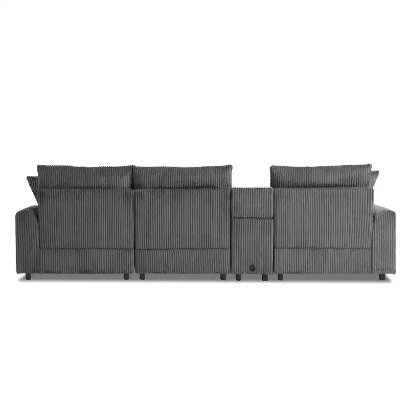 114''W Corduroy L-Shaped Sectional Sofa with Bluetooth Speakers, USB Charger, Cup Holders and Ottoman - ModernLuxe