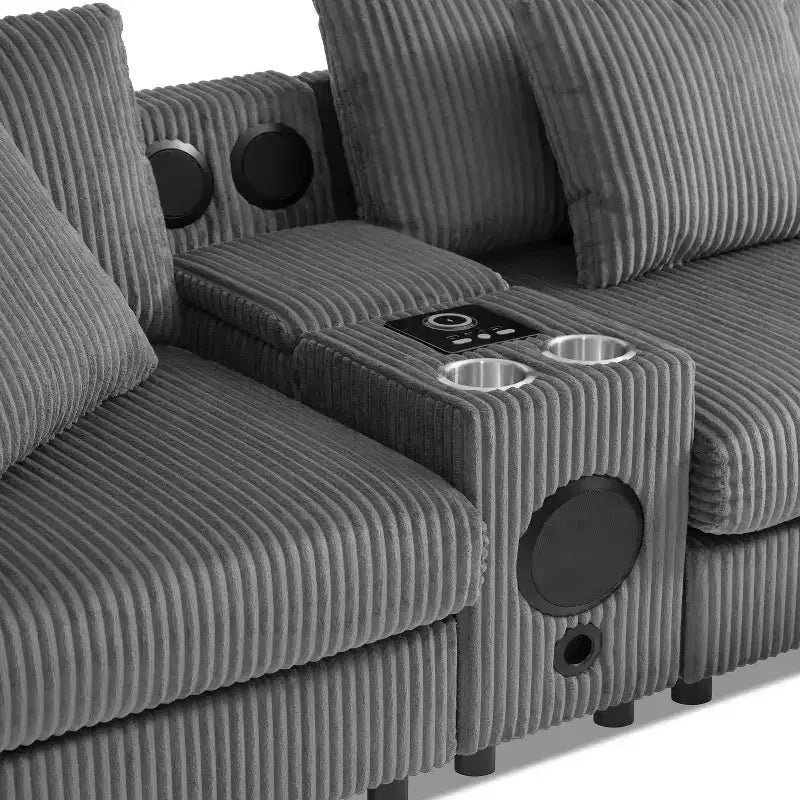 114''W Corduroy L-Shaped Sectional Sofa with Bluetooth Speakers, USB Charger, Cup Holders and Ottoman - ModernLuxe