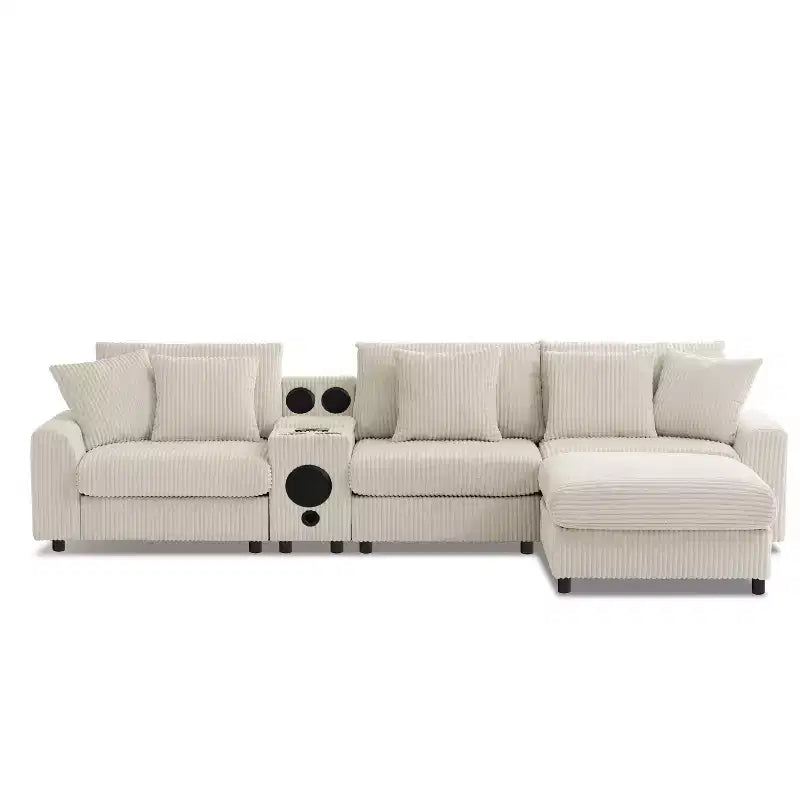 114''W Corduroy L-Shaped Sectional Sofa with Bluetooth Speakers, USB Charger, Cup Holders and Ottoman - ModernLuxe