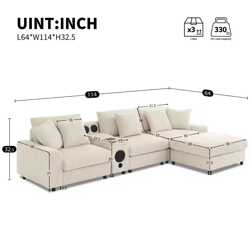 114''W Corduroy L-Shaped Sectional Sofa with Bluetooth Speakers, USB Charger, Cup Holders and Ottoman - ModernLuxe