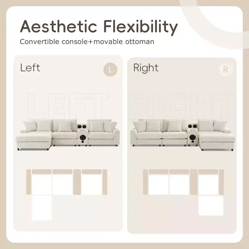 114''W Corduroy L-Shaped Sectional Sofa with Bluetooth Speakers, USB Charger, Cup Holders and Ottoman - ModernLuxe