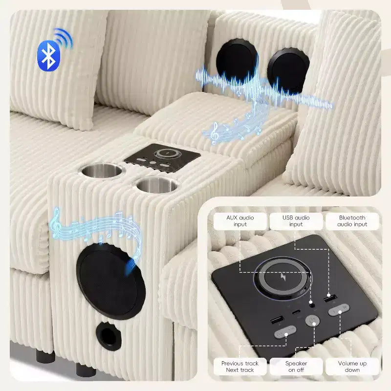114''W Corduroy L-Shaped Sectional Sofa with Bluetooth Speakers, USB Charger, Cup Holders and Ottoman - ModernLuxe
