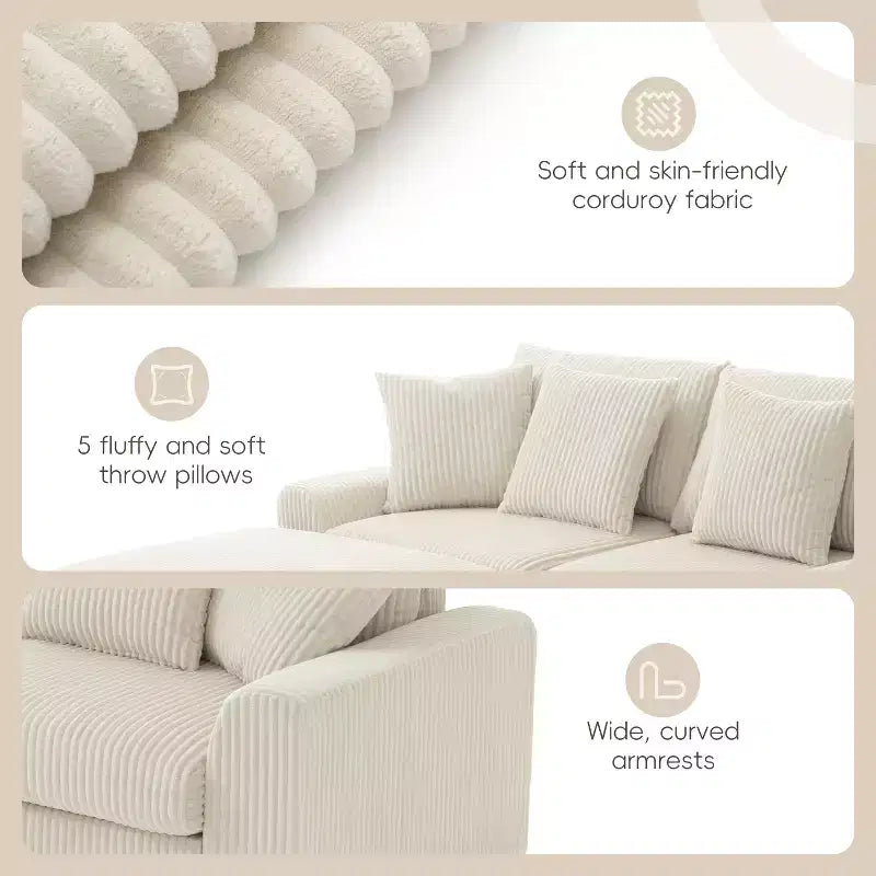 114''W Corduroy L-Shaped Sectional Sofa with Bluetooth Speakers, USB Charger, Cup Holders and Ottoman - ModernLuxe