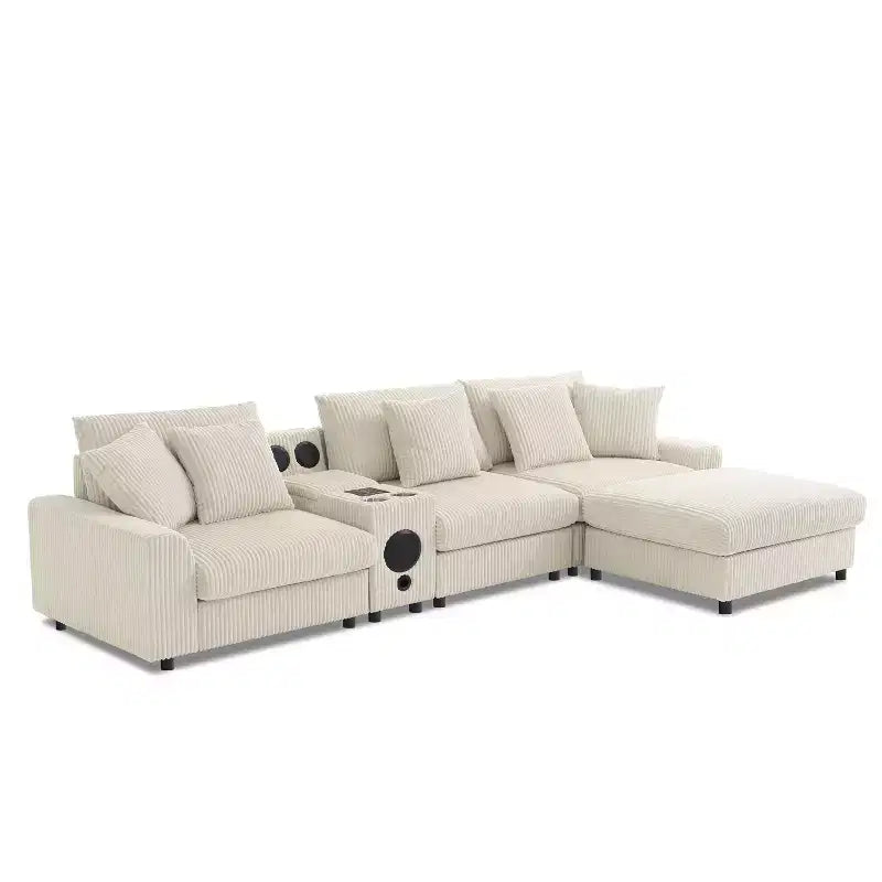 114''W Corduroy L-Shaped Sectional Sofa with Bluetooth Speakers, USB Charger, Cup Holders and Ottoman - ModernLuxe