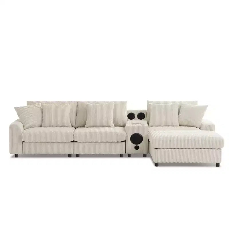 114''W Corduroy L-Shaped Sectional Sofa with Bluetooth Speakers, USB Charger, Cup Holders and Ottoman - ModernLuxe