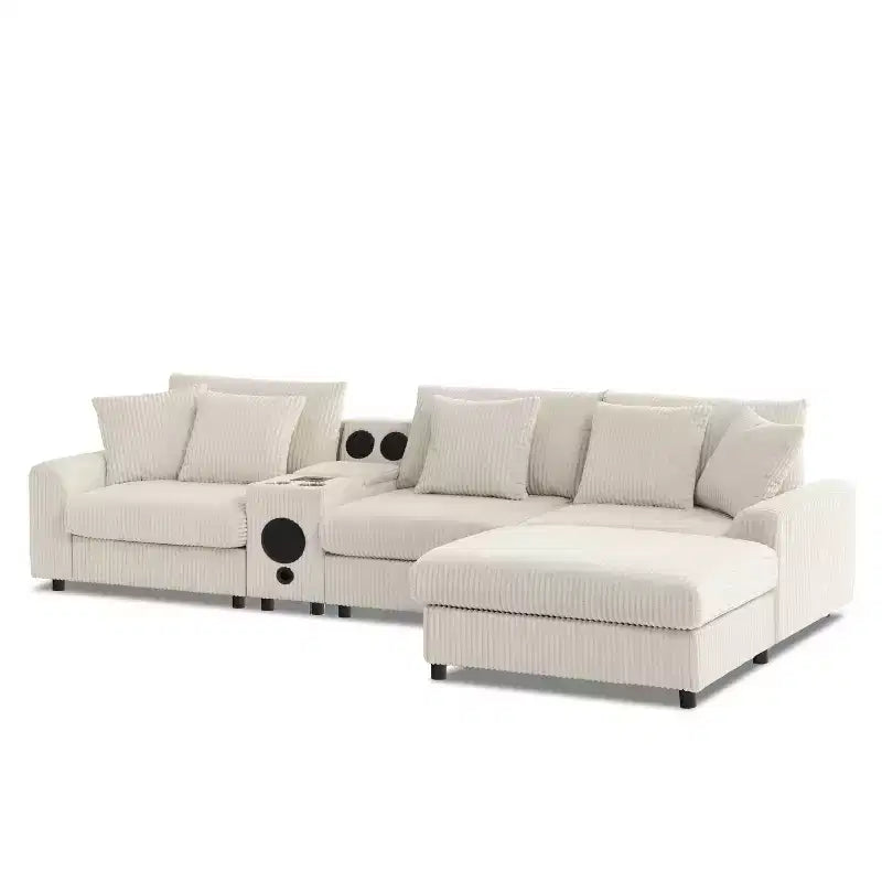 114''W Corduroy L-Shaped Sectional Sofa with Bluetooth Speakers, USB Charger, Cup Holders and Ottoman - ModernLuxe