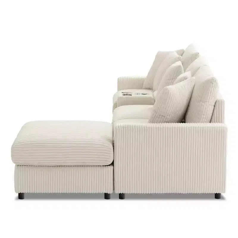 114''W Corduroy L-Shaped Sectional Sofa with Bluetooth Speakers, USB Charger, Cup Holders and Ottoman - ModernLuxe