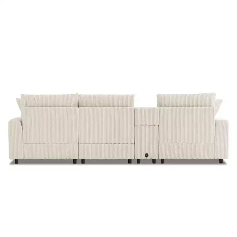 114''W Corduroy L-Shaped Sectional Sofa with Bluetooth Speakers, USB Charger, Cup Holders and Ottoman - ModernLuxe