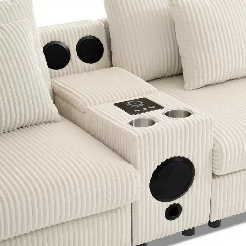 114''W Corduroy L-Shaped Sectional Sofa with Bluetooth Speakers, USB Charger, Cup Holders and Ottoman - ModernLuxe