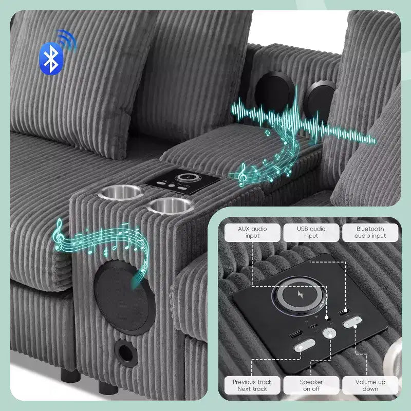 114''W Corduroy L-Shaped Sectional Sofa with Bluetooth Speakers, USB Charger, Cup Holders and Ottoman - ModernLuxe