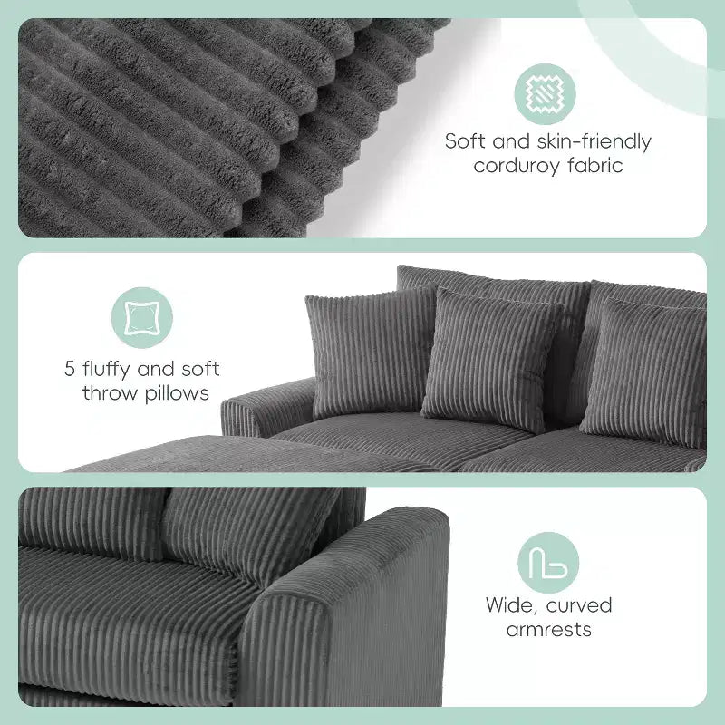 114''W Corduroy L-Shaped Sectional Sofa with Bluetooth Speakers, USB Charger, Cup Holders and Ottoman - ModernLuxe