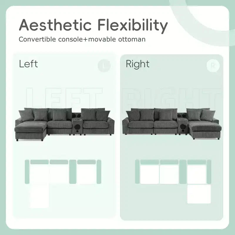 114''W Corduroy L-Shaped Sectional Sofa with Bluetooth Speakers, USB Charger, Cup Holders and Ottoman - ModernLuxe