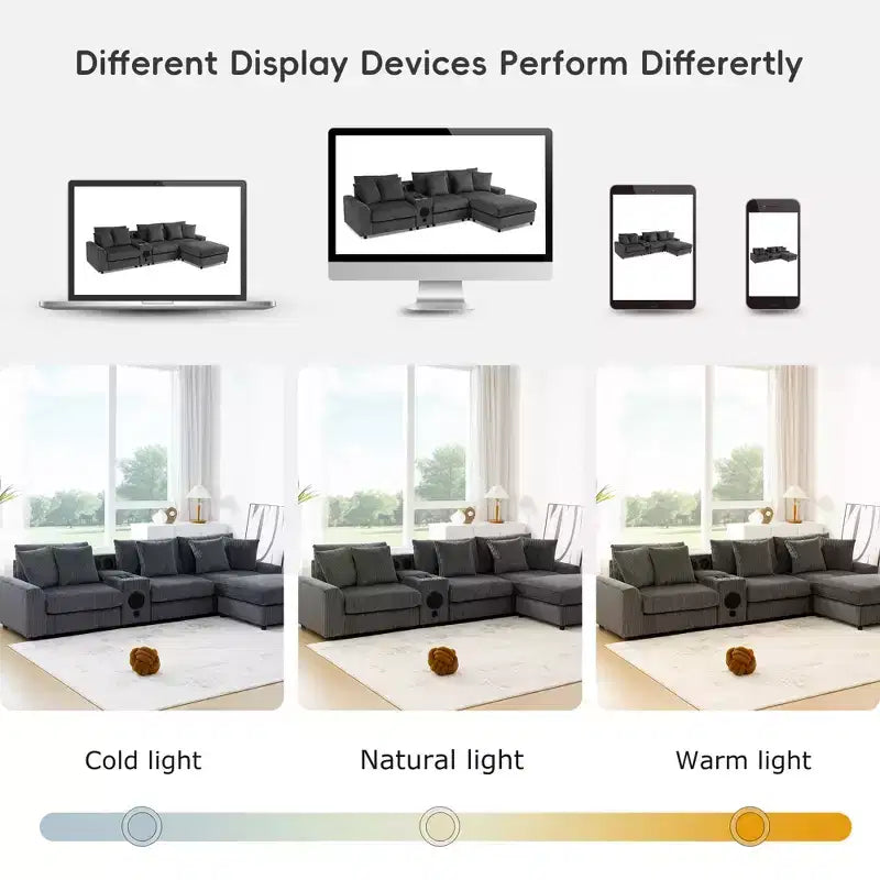 114''W Corduroy L-Shaped Sectional Sofa with Bluetooth Speakers, USB Charger, Cup Holders and Ottoman - ModernLuxe