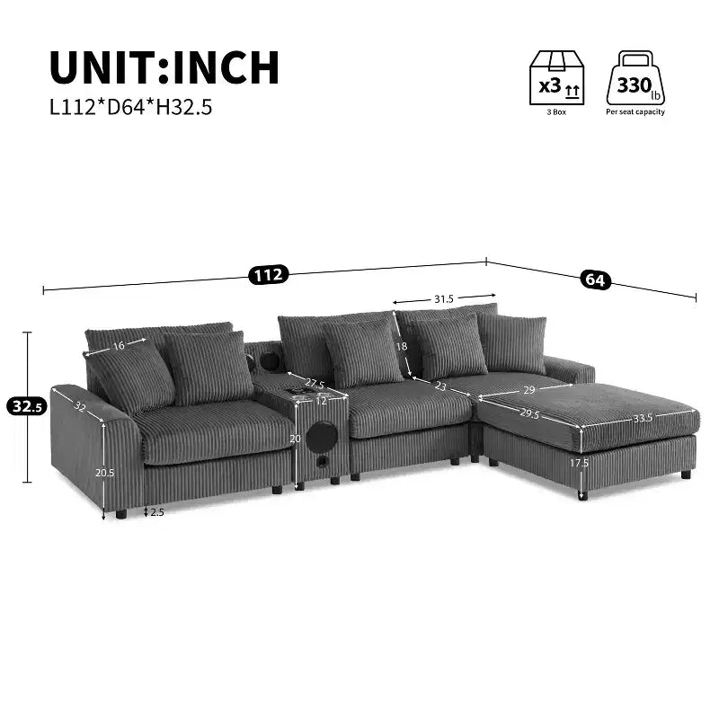 114''W Corduroy L-Shaped Sectional Sofa with Bluetooth Speakers, USB Charger, Cup Holders and Ottoman - ModernLuxe
