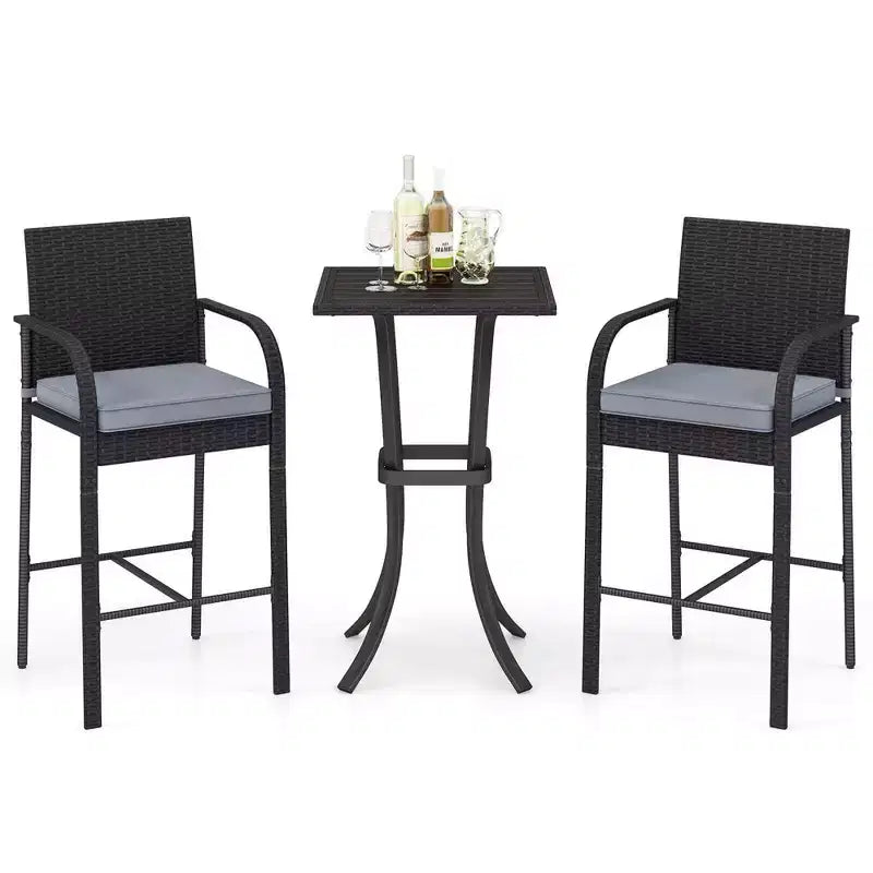 Costway 3 PCS Patio Wicker Bar Set Rattan Chairs & Square Table with Heavy-Duty Metal Frame
