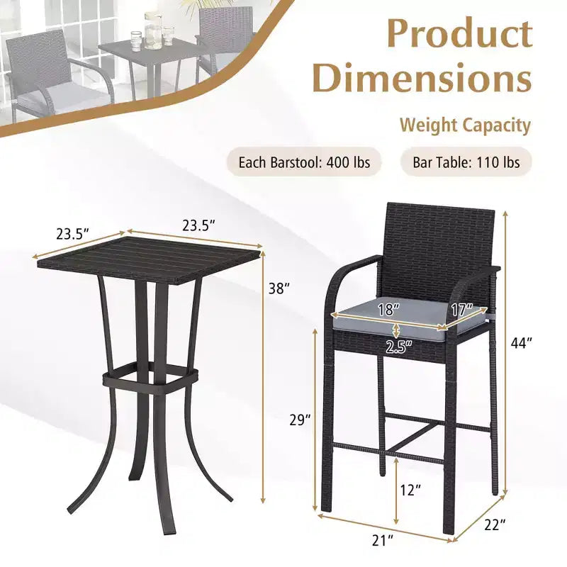 Costway 3 PCS Patio Wicker Bar Set Rattan Chairs & Square Table with Heavy-Duty Metal Frame