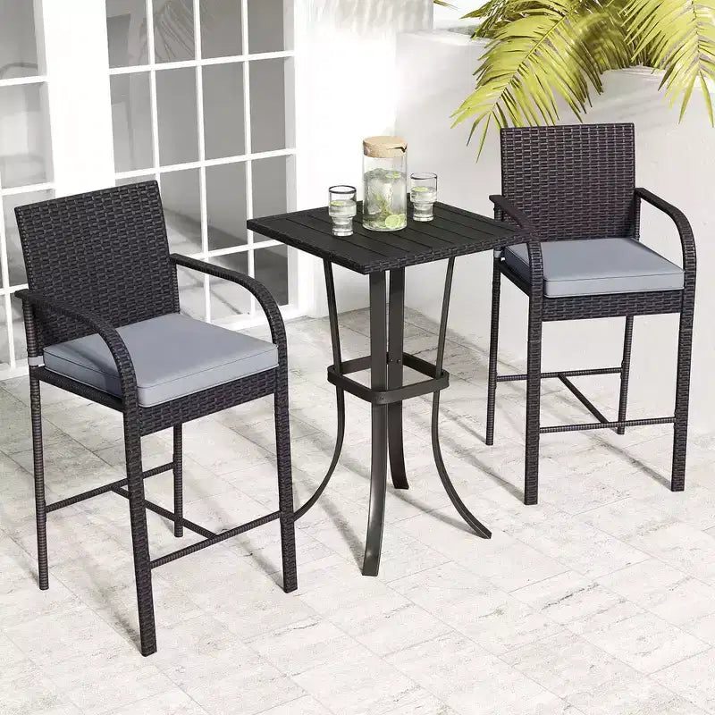Costway 3 PCS Patio Wicker Bar Set Rattan Chairs & Square Table with Heavy-Duty Metal Frame