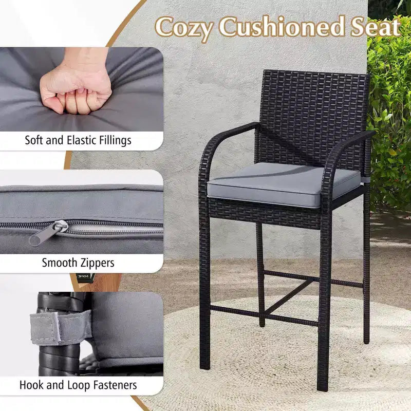 Costway 3 PCS Patio Wicker Bar Set Rattan Chairs & Square Table with Heavy-Duty Metal Frame