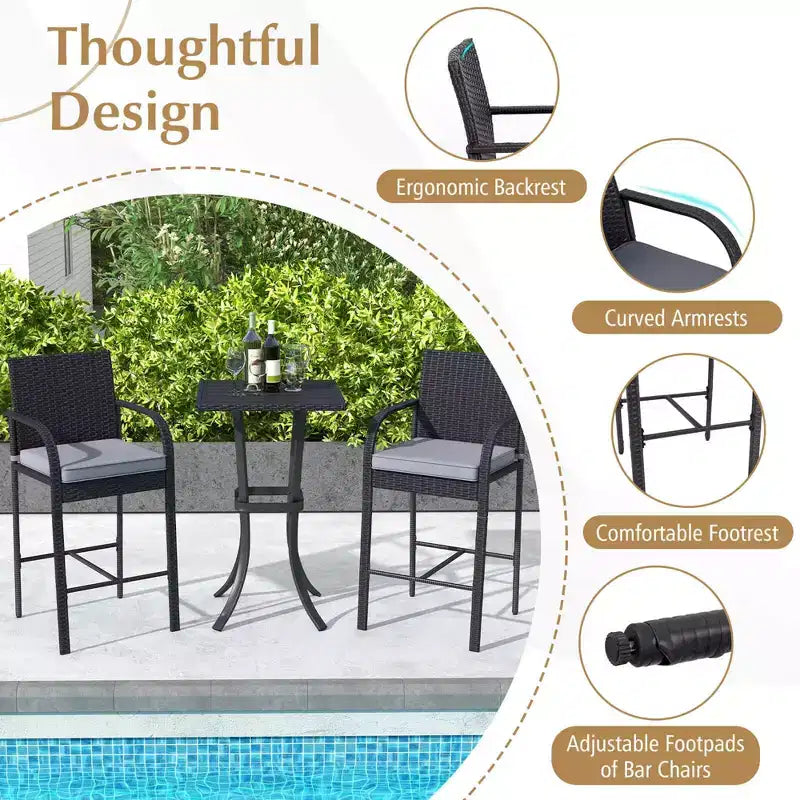 Costway 3 PCS Patio Wicker Bar Set Rattan Chairs & Square Table with Heavy-Duty Metal Frame