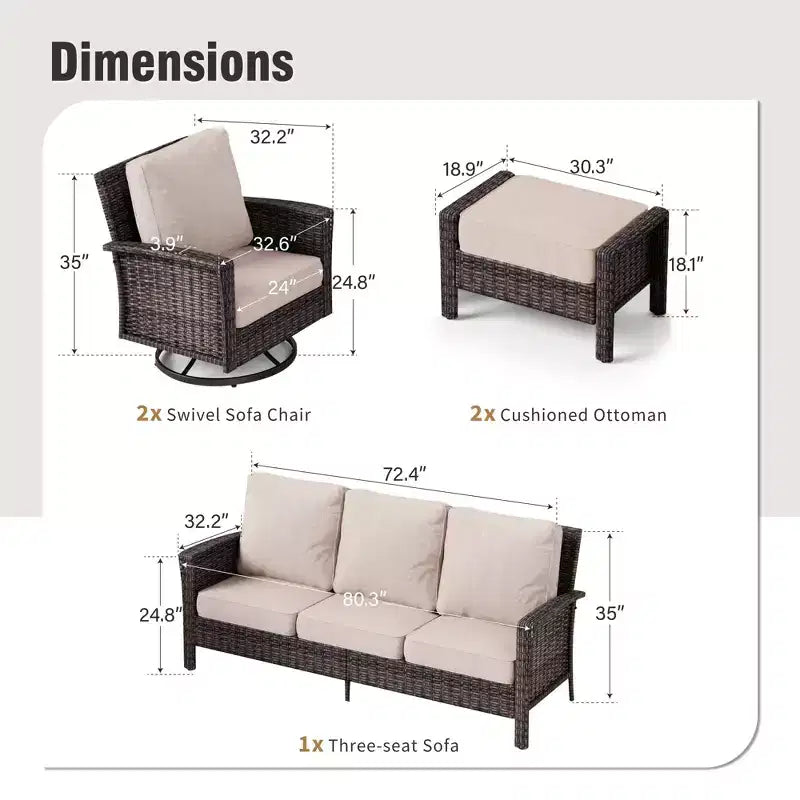 Captiva Designs 5PC Oversized Patio Outdoor Wicker Furniture Conversation Sofa Set with Ottomans for Garden Yard Porch