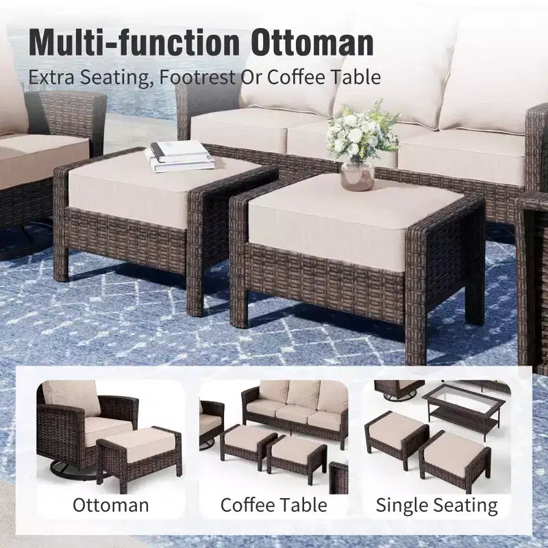 Captiva Designs 5PC Oversized Patio Outdoor Wicker Furniture Conversation Sofa Set with Ottomans for Garden Yard Porch