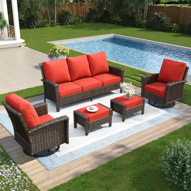 Captiva Designs Ensemble de conversation 5 pièces en rotin pour patio et jardin avec canapé surdimensionné et ottomans