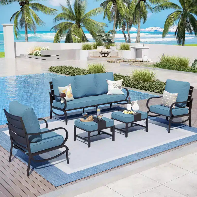 Ensemble de conversation de 5 meubles de patio en métal Captiva Designs avec poufs pour jardin, véranda, arrière-cour