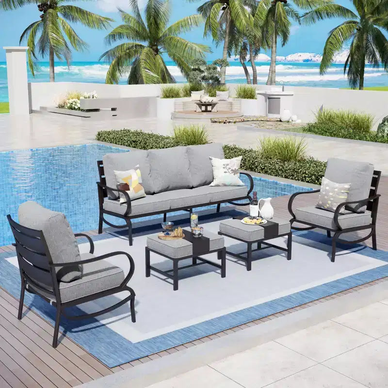Ensemble de conversation de 5 meubles de patio en métal Captiva Designs avec poufs pour jardin, véranda, arrière-cour