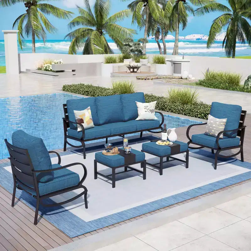Ensemble de conversation de 5 meubles de patio en métal Captiva Designs avec poufs pour jardin, véranda, arrière-cour