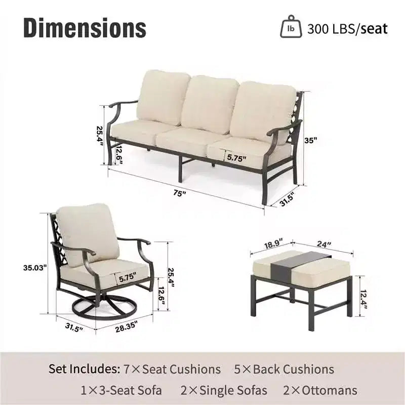 Captiva Designs 5pc Metal Patio Outdoor Conversation Set with Swivel Grid-back Chairs and Ottomans