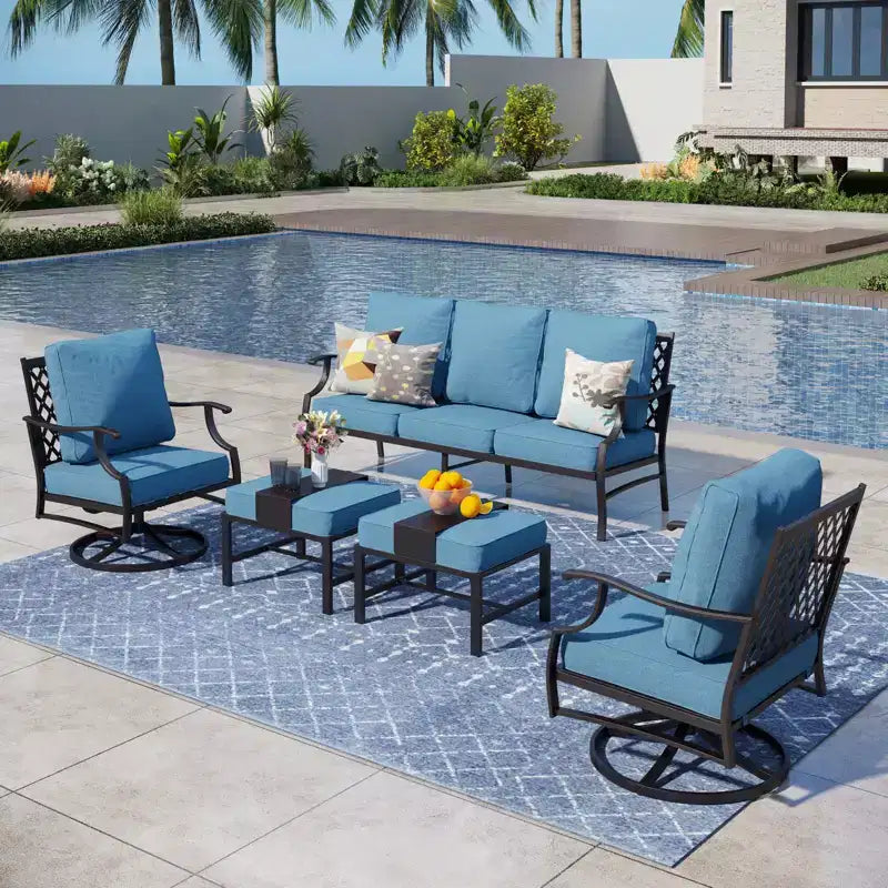 Ensemble de conversation d'extérieur 5 pièces Captiva Designs en métal avec chaises pivotantes à dossier grillagé et poufs