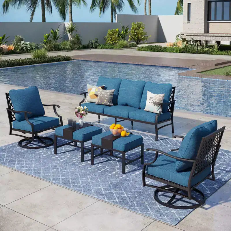 Ensemble de conversation d'extérieur 5 pièces Captiva Designs en métal avec chaises pivotantes à dossier grillagé et poufs