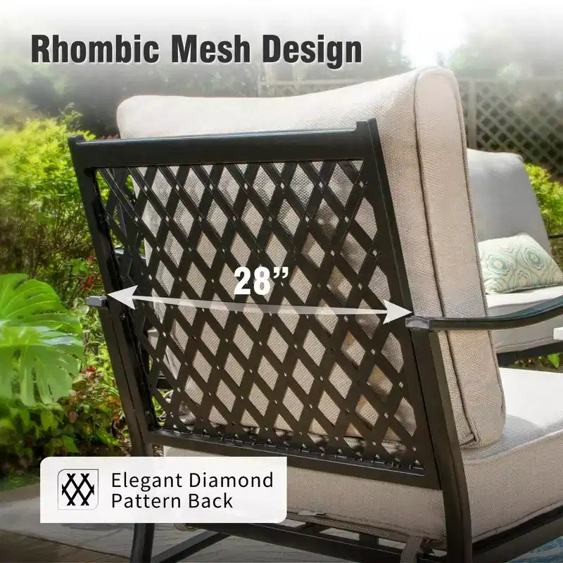 Captiva Designs 6pc Metal Patio Outdoor Conversation Set with Rocking Grid-back Chairs, Ottomans and Coffee Table