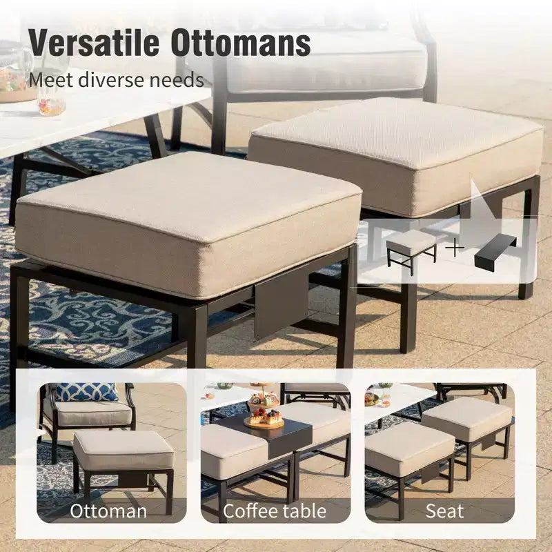 Captiva Designs 6pc Metal Patio Outdoor Conversation Set with Rocking Grid-back Chairs, Ottomans and Coffee Table