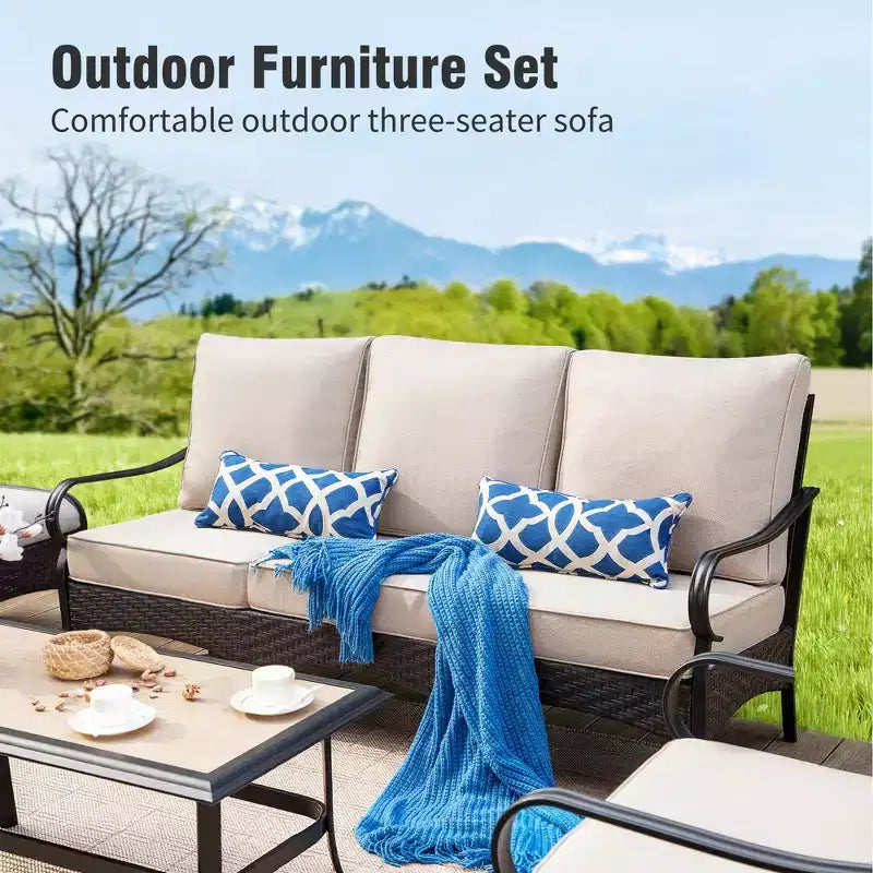 Captiva Designs 6pc Extra Large Metal and Rattan Outdoor Patio Conversation Set with Rocking Chairs and Ottomans