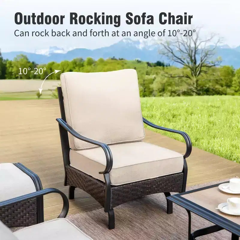 Captiva Designs 6pc Extra Large Metal and Rattan Outdoor Patio Conversation Set with Rocking Chairs and Ottomans