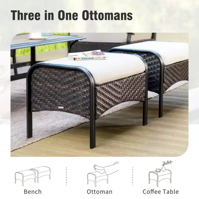 Captiva Designs 6pc Extra Large Metal and Rattan Outdoor Patio Conversation Set with Rocking Chairs and Ottomans