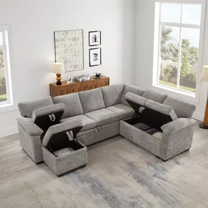 97W L-Shaped Corner Sectional Sofa Couch with Storage Ottoman, 7-Seat Chenille Fabric Corner Couch with 2 Pillows for Living Room - ModernLuxe