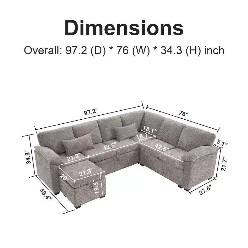 97W L-Shaped Corner Sectional Sofa Couch with Storage Ottoman, 7-Seat Chenille Fabric Corner Couch with 2 Pillows for Living Room - ModernLuxe