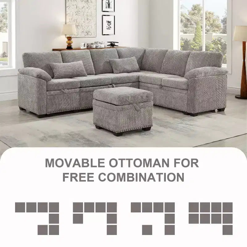 97W L-Shaped Corner Sectional Sofa Couch with Storage Ottoman, 7-Seat Chenille Fabric Corner Couch with 2 Pillows for Living Room - ModernLuxe