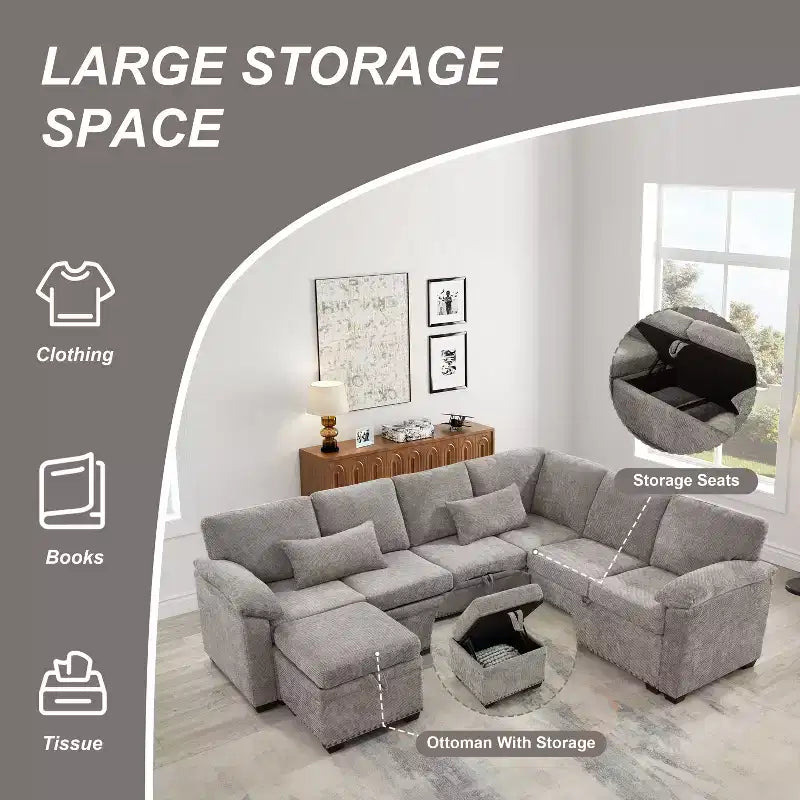 97W L-Shaped Corner Sectional Sofa Couch with Storage Ottoman, 7-Seat Chenille Fabric Corner Couch with 2 Pillows for Living Room - ModernLuxe