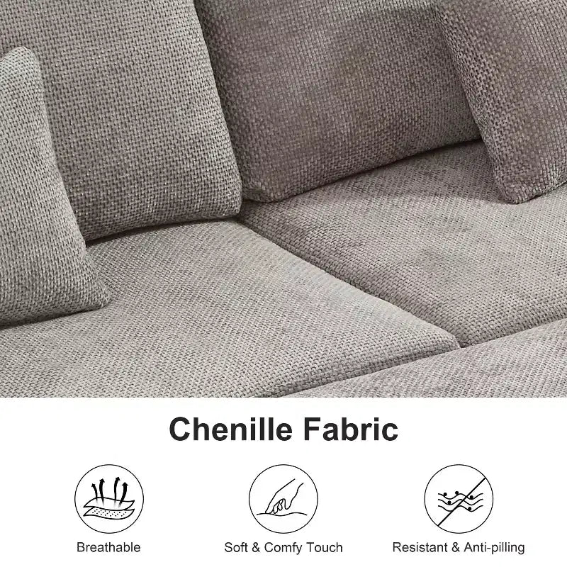 97W L-Shaped Corner Sectional Sofa Couch with Storage Ottoman, 7-Seat Chenille Fabric Corner Couch with 2 Pillows for Living Room - ModernLuxe