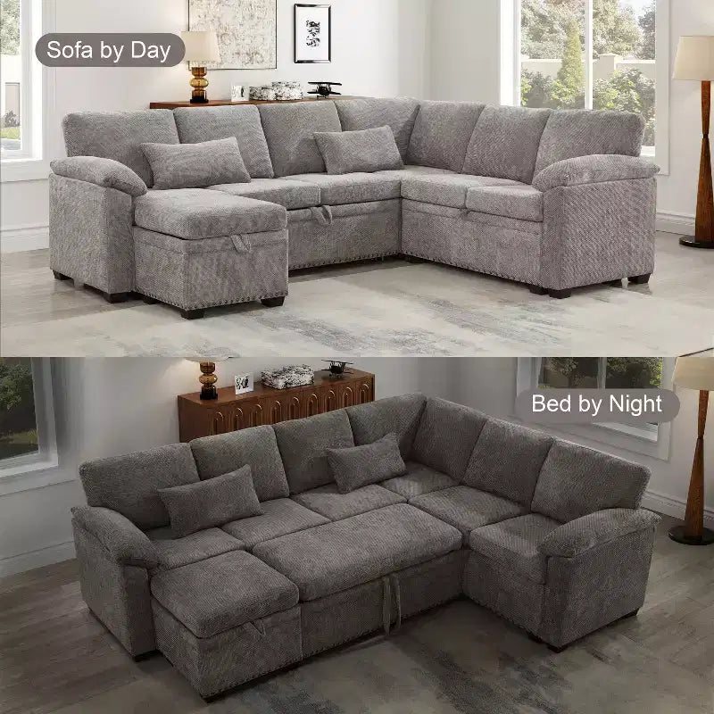 97W L-Shaped Corner Sectional Sofa Couch with Storage Ottoman, 7-Seat Chenille Fabric Corner Couch with 2 Pillows for Living Room - ModernLuxe