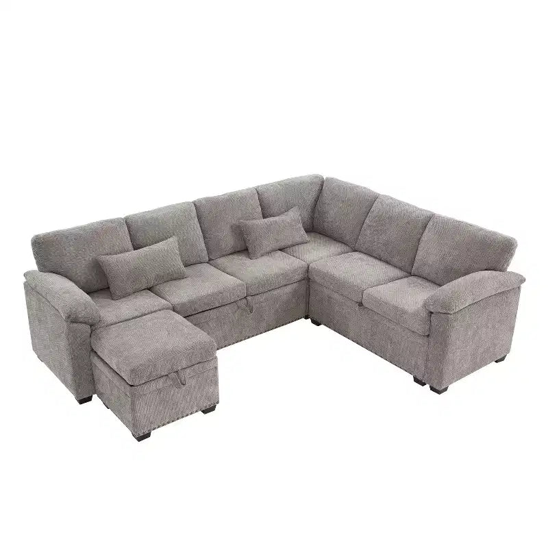 97W L-Shaped Corner Sectional Sofa Couch with Storage Ottoman, 7-Seat Chenille Fabric Corner Couch with 2 Pillows for Living Room - ModernLuxe